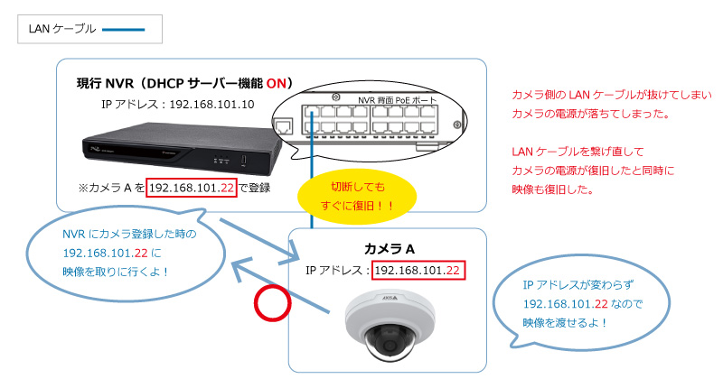 現行NVRのDHCPサーバー機能がONで、カメラ側のLANケーブルが抜けて再接続した場合